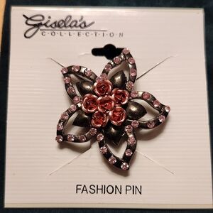 Vintage Gisela Collection- Flower Brooch in Pink Rhinestones And Mixed Metals